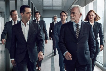 One version of a "Succession" poster for season 3, with the Roy family split up, some behind Kendall, others behind Logan