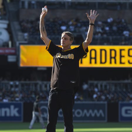 Skateboarding legend Tony Hawk on the mound for the ceremonial first pitch at a San Diego Padres game