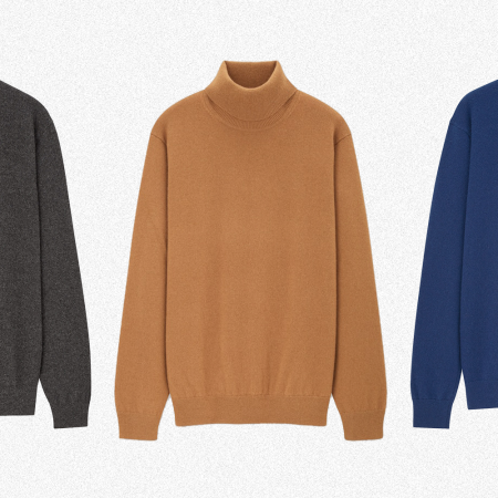 Three men's cashmere sweaters from Uniqlo, including a grey v-neck, brown turtleneck and blue crewneck