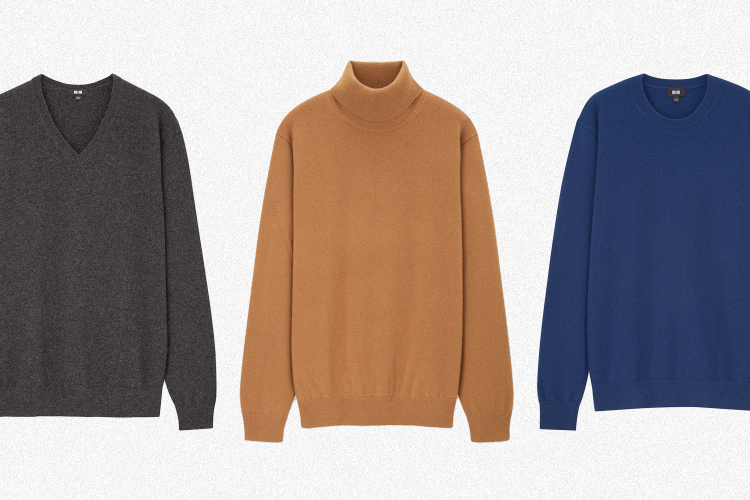 Three men's cashmere sweaters from Uniqlo, including a grey v-neck, brown turtleneck and blue crewneck