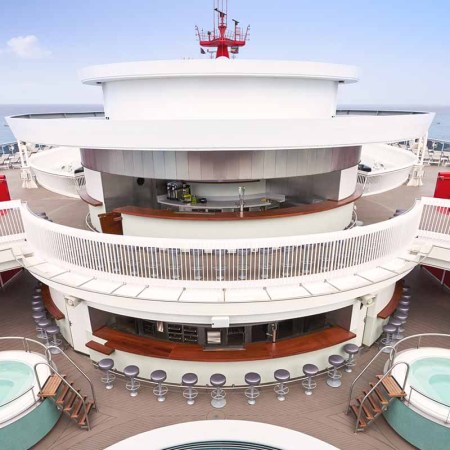 The upper decks of the Scarlet Lady, a new cruise ship from Virgin Voyages, launching soon