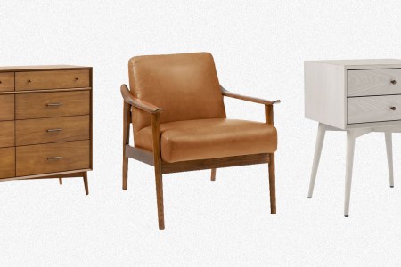 An 8-drawer dresser, vegan leather chair and nightstand from West Elm's Mid-Century Modern Collection, on a grey background