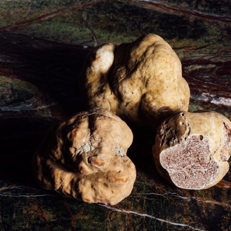 Three white truffles sitting on a table, one of them cut to show the interior of the fungal delicacy
