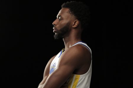 Andrew Wiggins having his portrait taken by photographer Kareem Black at media day. Wiggins Is “Not Uncomfortable” With Being the Face of Unvaccinated NBA Players