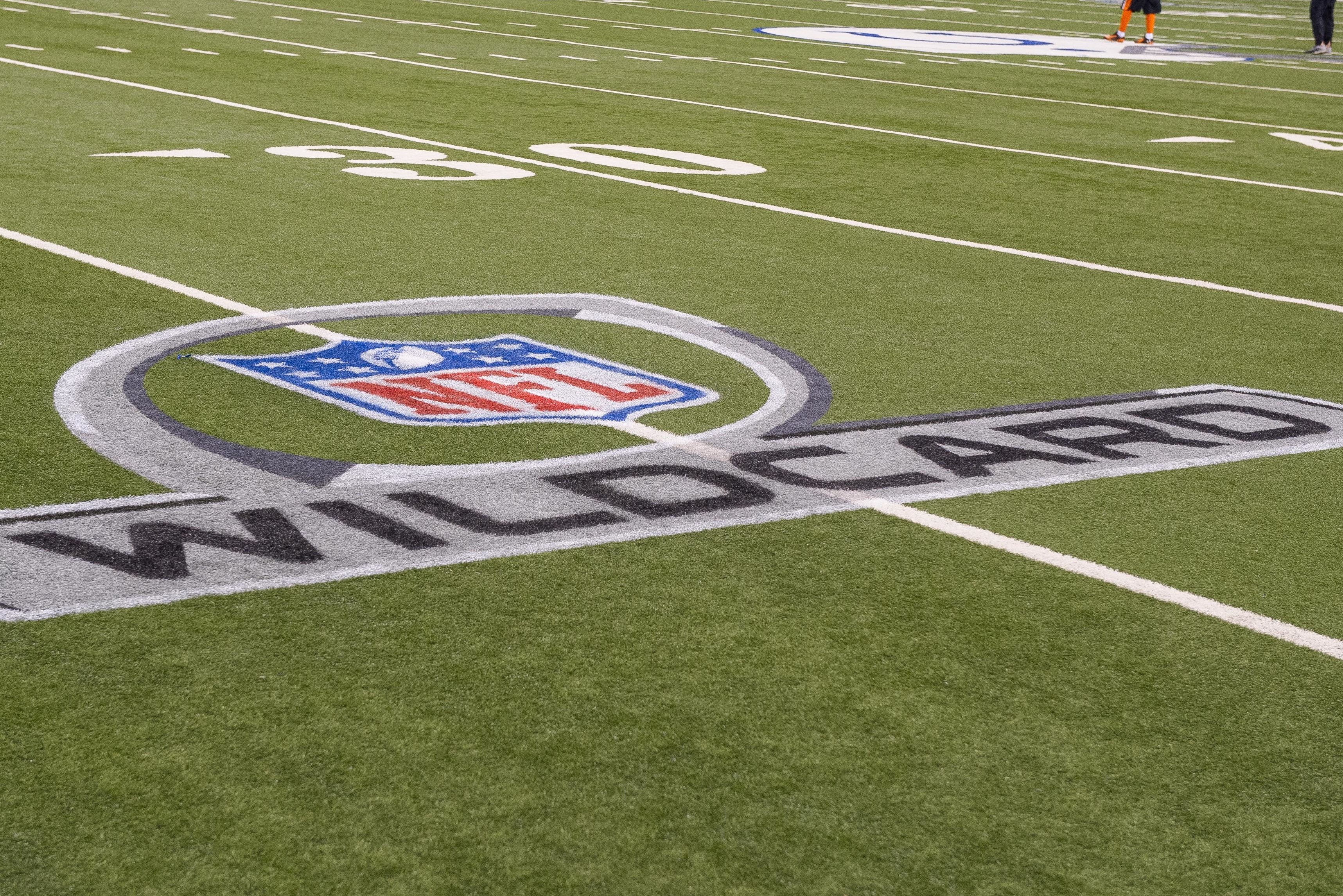 Lucas Oil Stadium with the Wild Card logo painted on the field