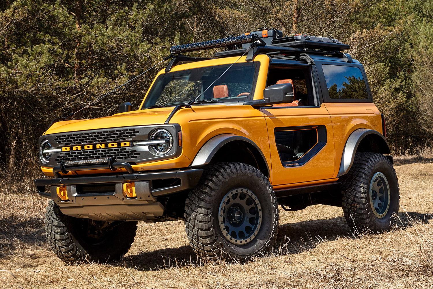 A new Ford Bronco SUV with two doors, featuring cutouts, and a Cyber Orange paint job, sitting still in dry grass with a wooded area in the background