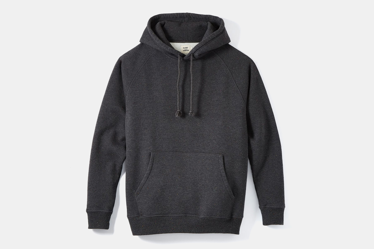 The Speckle Fleece Pullover Hoodie from Flint and Tinder in charcoal grey on a white background