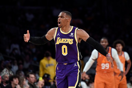 Russell Westbrook screaming during a basketball game.
