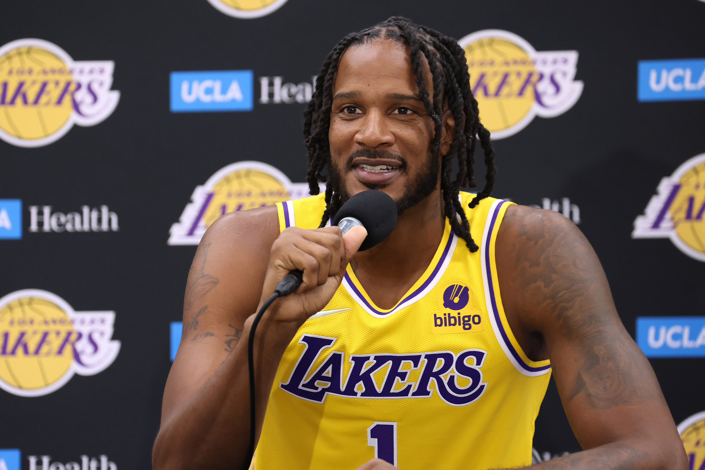 Trevor Ariza #1 of the Los Angeles Lakers smiles as he speaks to the media during Los Angeles Lakers media day at UCLA Health Training Center on September 28, 2021 in El Segundo, California.