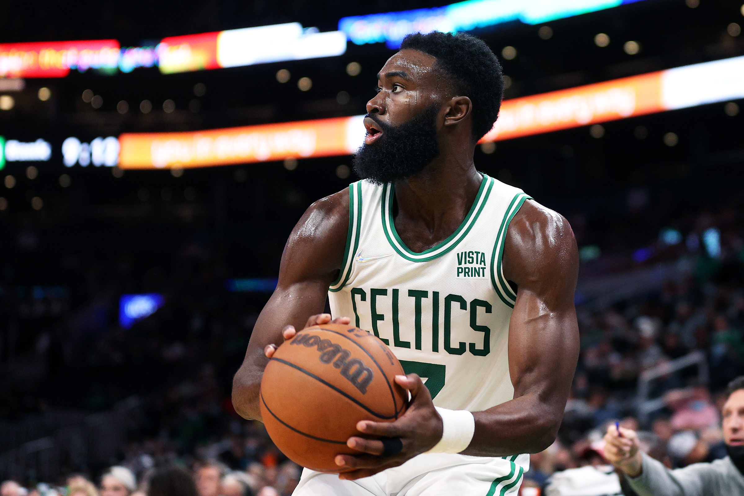 Jaylen Brown #7 of the Boston Celtics looks for a shot against the Orlando Magic during the second half of the preseason game at TD Garden on October 04, 2021 in Boston, Massachusetts