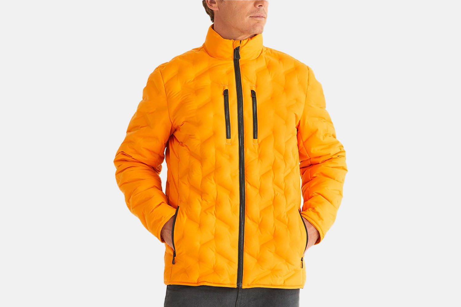 an orange puffy jacket 