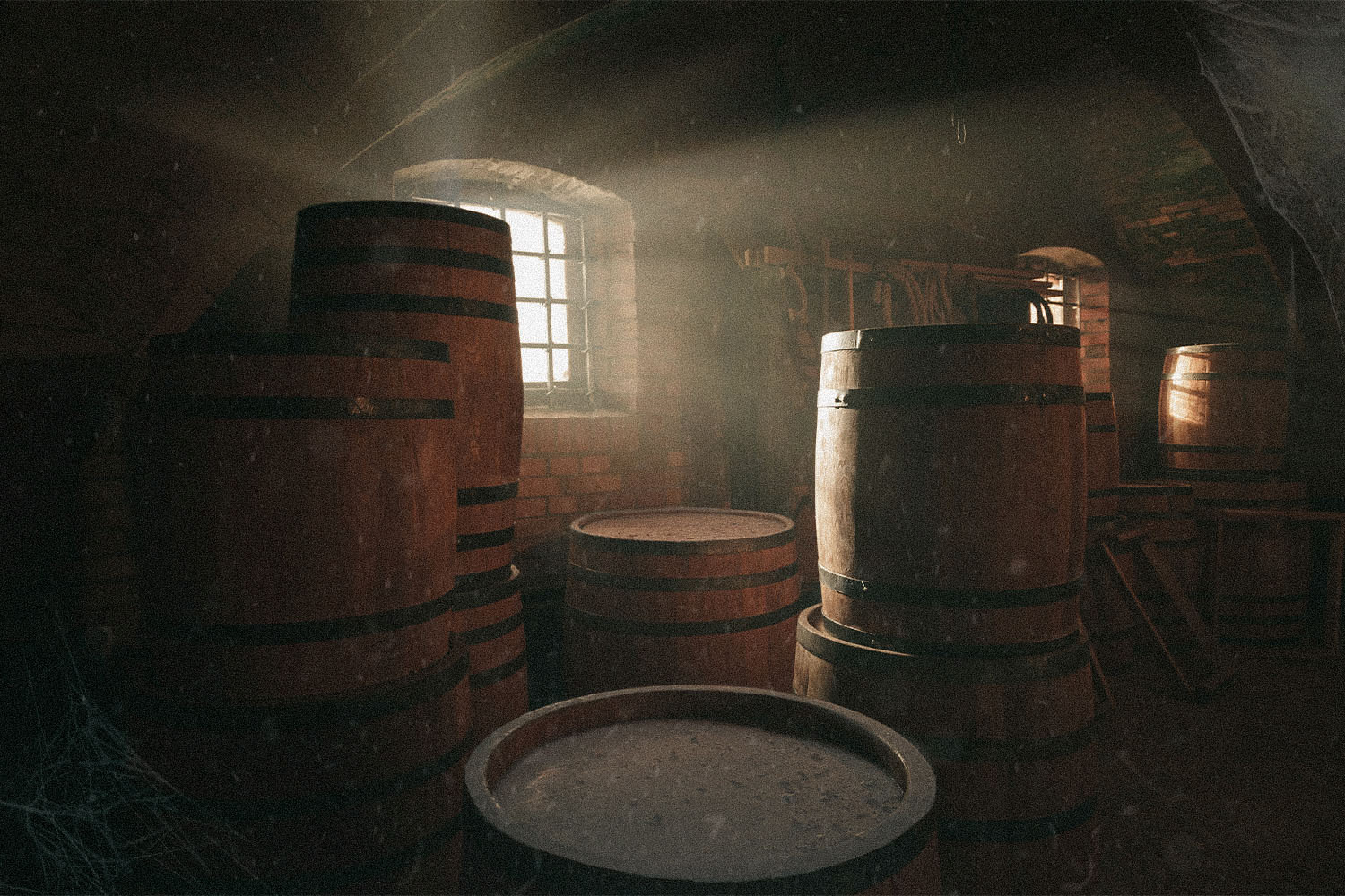 whisky aging in barrels in a dusty warehouse. Aging whisky for a long time (50+ years) presents unusual challenges.