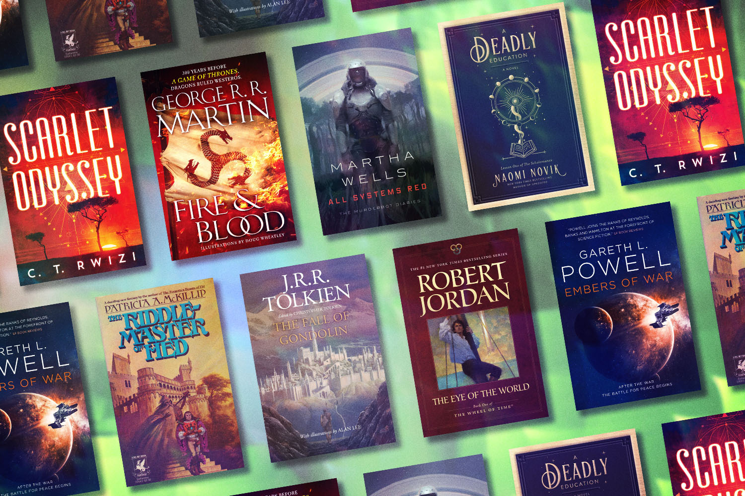 A grid of the best science-fiction and fantasy books for adults, from Robert Jordan's "The Wheel of Time" series to J.R.R. Tolkien's "The Fall of Gondolin" to Naomi Novik's "A Deadly Education," on a green background