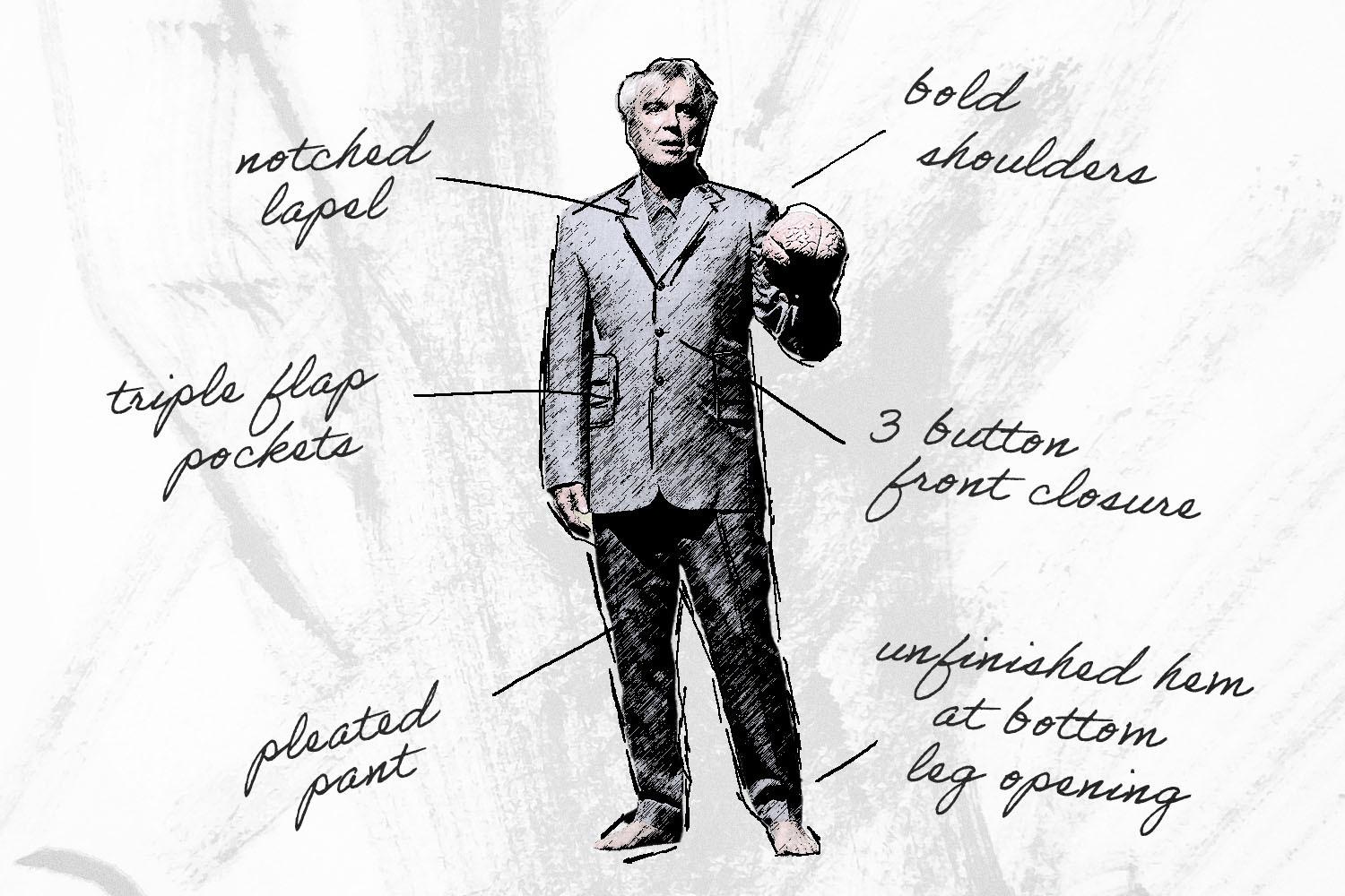 David Byrne wears a big suit.