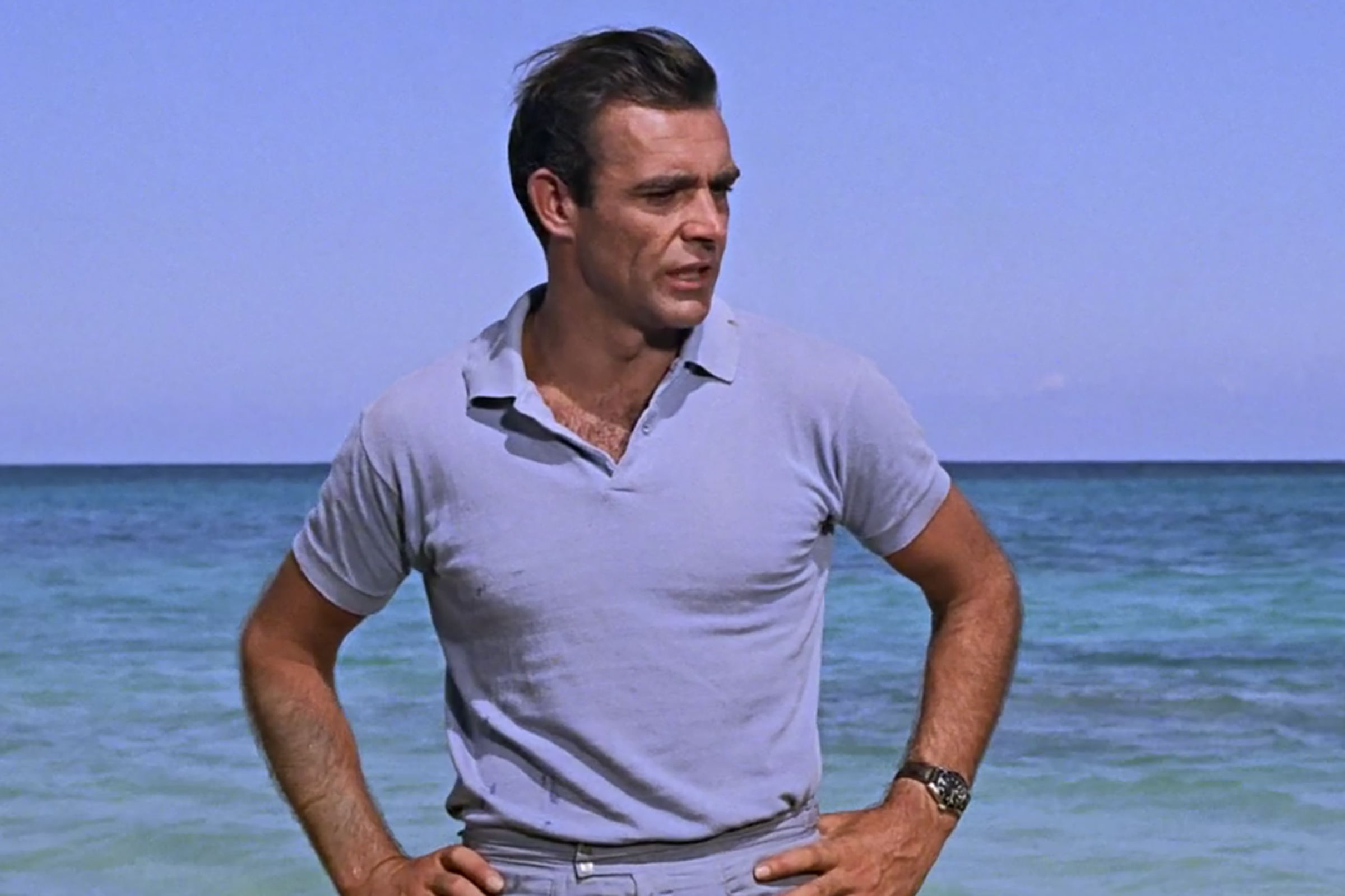 Sean Connery wears this powder blue beach ensemble in the very first James Bond film, Dr. No.
