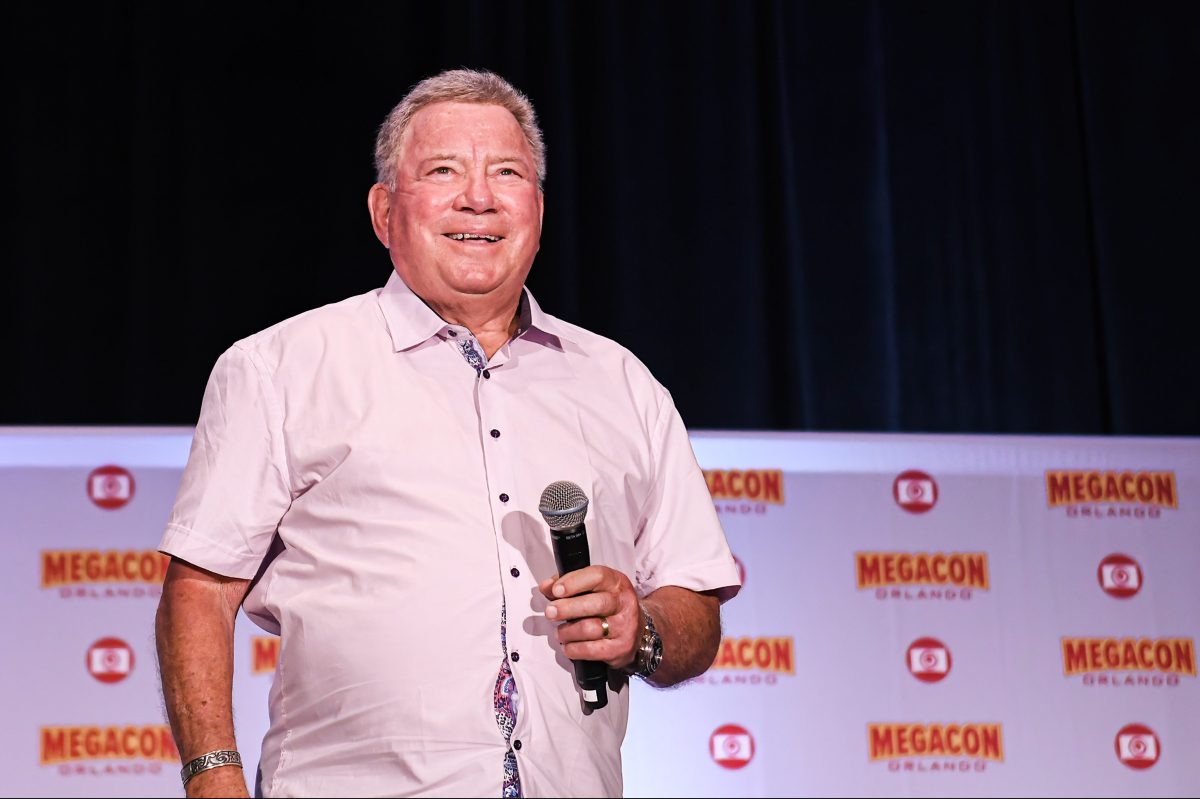 William Shatner, best known for his portrayal of Captain James T. Kirk of the USS Enterprise in the Star Trek television series, speaks at the opening day of MEGACON at the Orange County Convention Center.