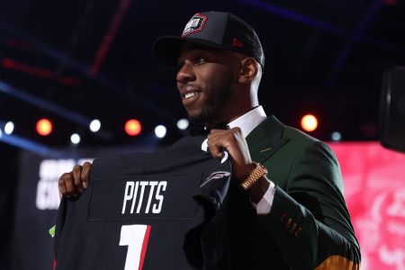 Kyle Pitts poses after being selected fourth overall by the Atlanta Falcons