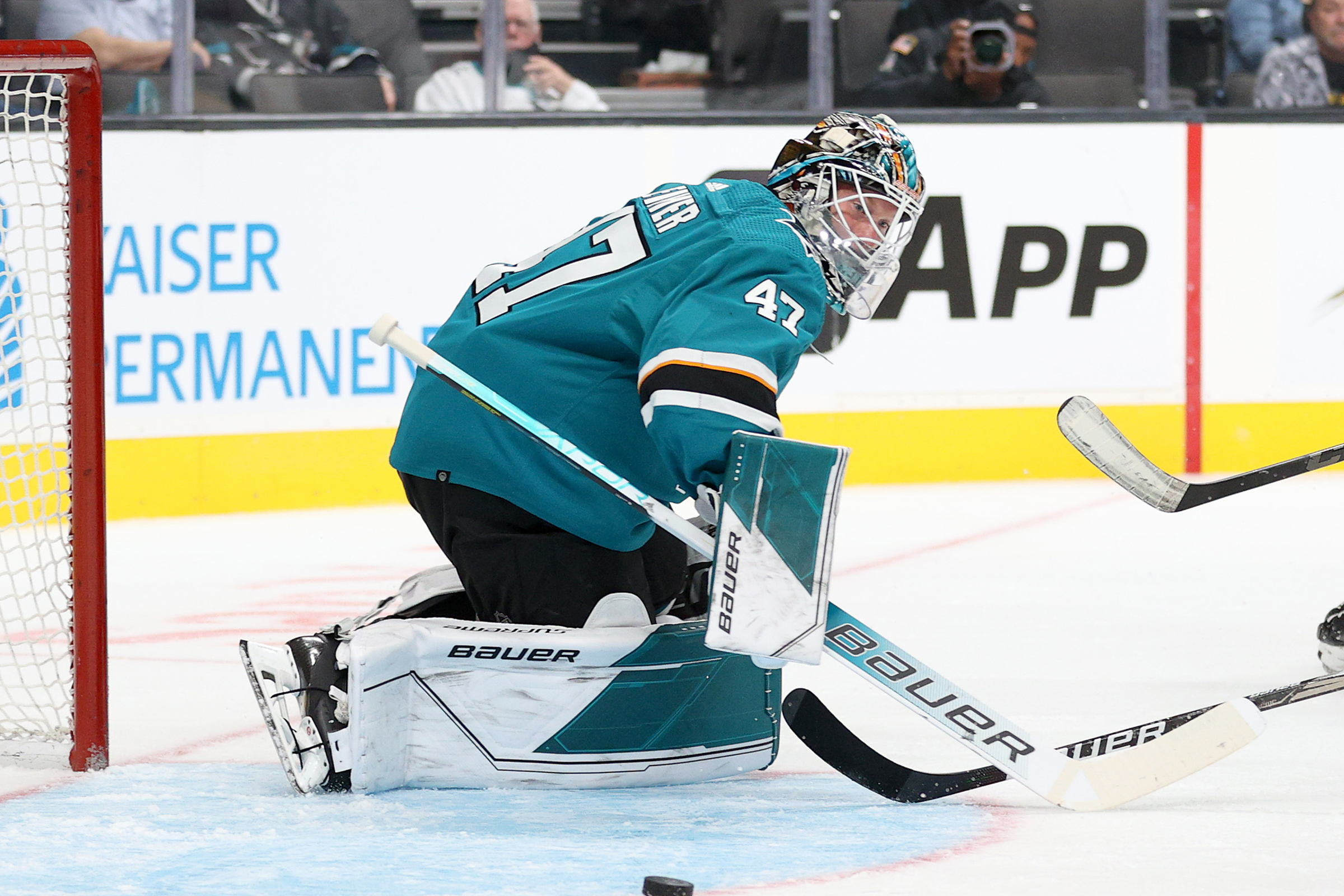 James Reimer #47 of the San Jose Sharks makes a save against the Anaheim Ducks at SAP Center on October 04, 2021 in San Jose, California.