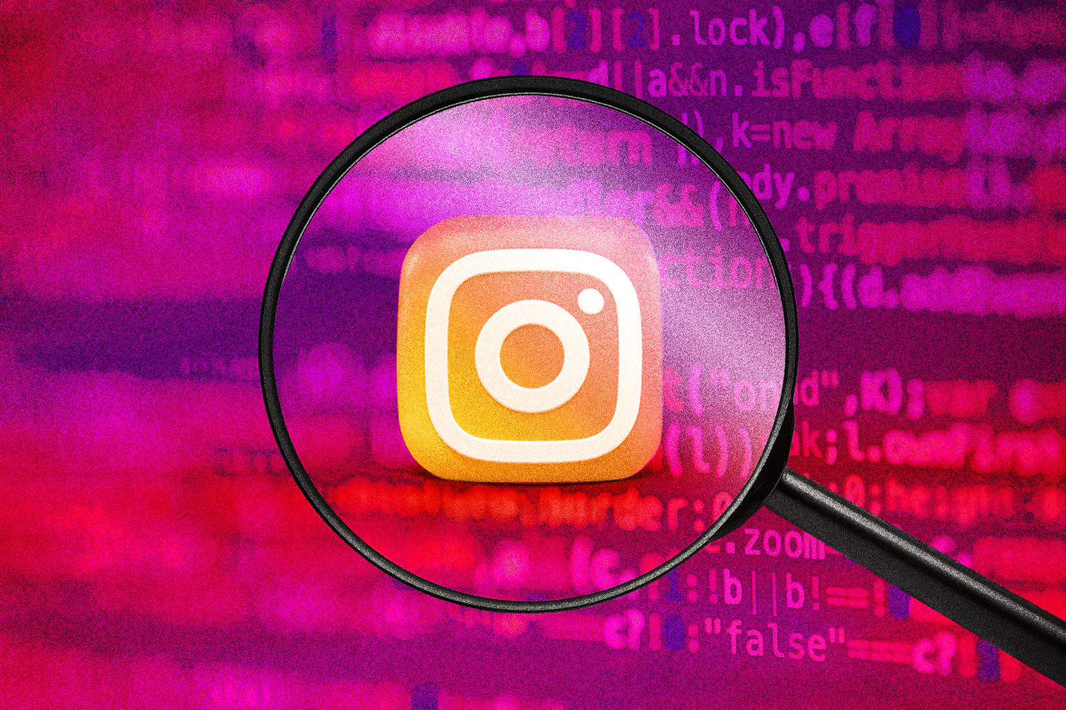 A magnifying glass looking at the Instagram icon on a pink and red background with computer code.