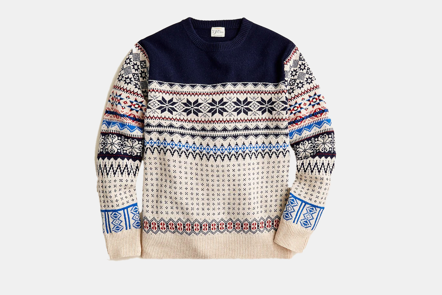a fair isle cream and blue sweater