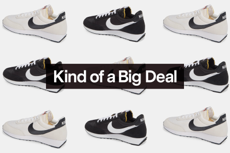 A grid of Nike Air Tailwind 79 sneakers in two colors, both of which are on sale at Nordstrom, with the words "Kind of a Big Deal" over the top