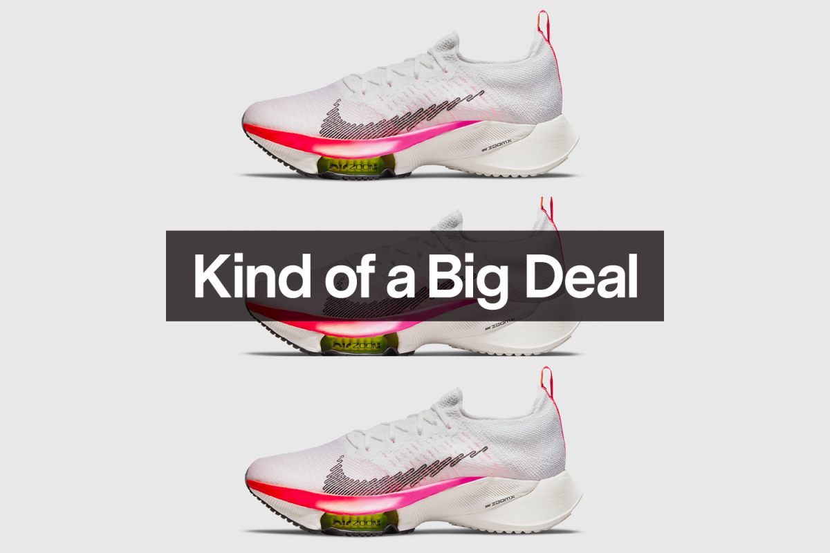 Three Nike Air Zoom Tempo NEXT% Flyknit sneakers on a grey background with the words "Kind of a Big Deal" overlaid on top