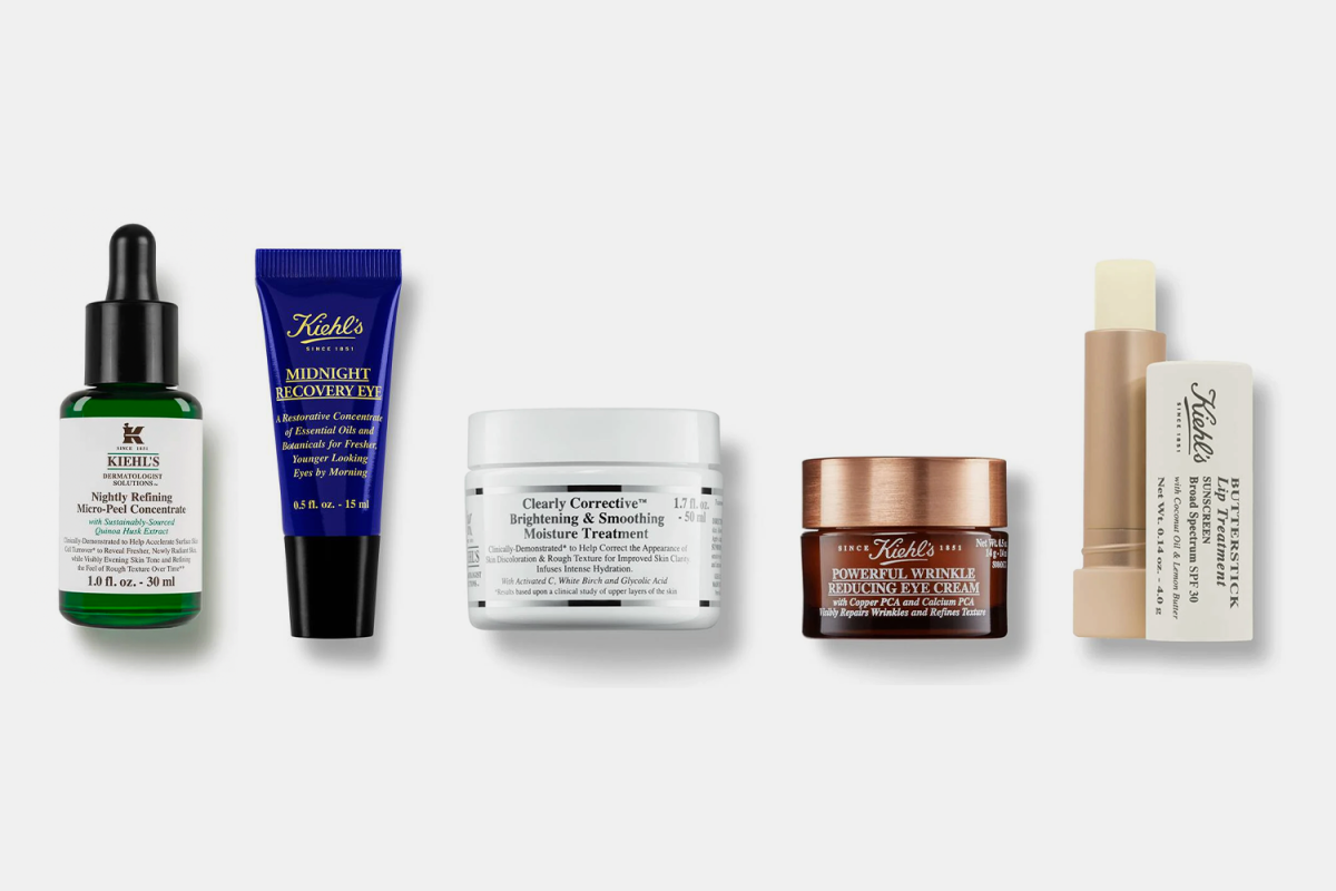 A lineup of skincare products from Kiehl's, including eye creams, toners and moisturizers