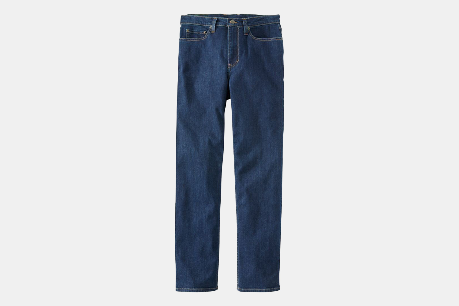 a pair of medium wash classic fit jeans