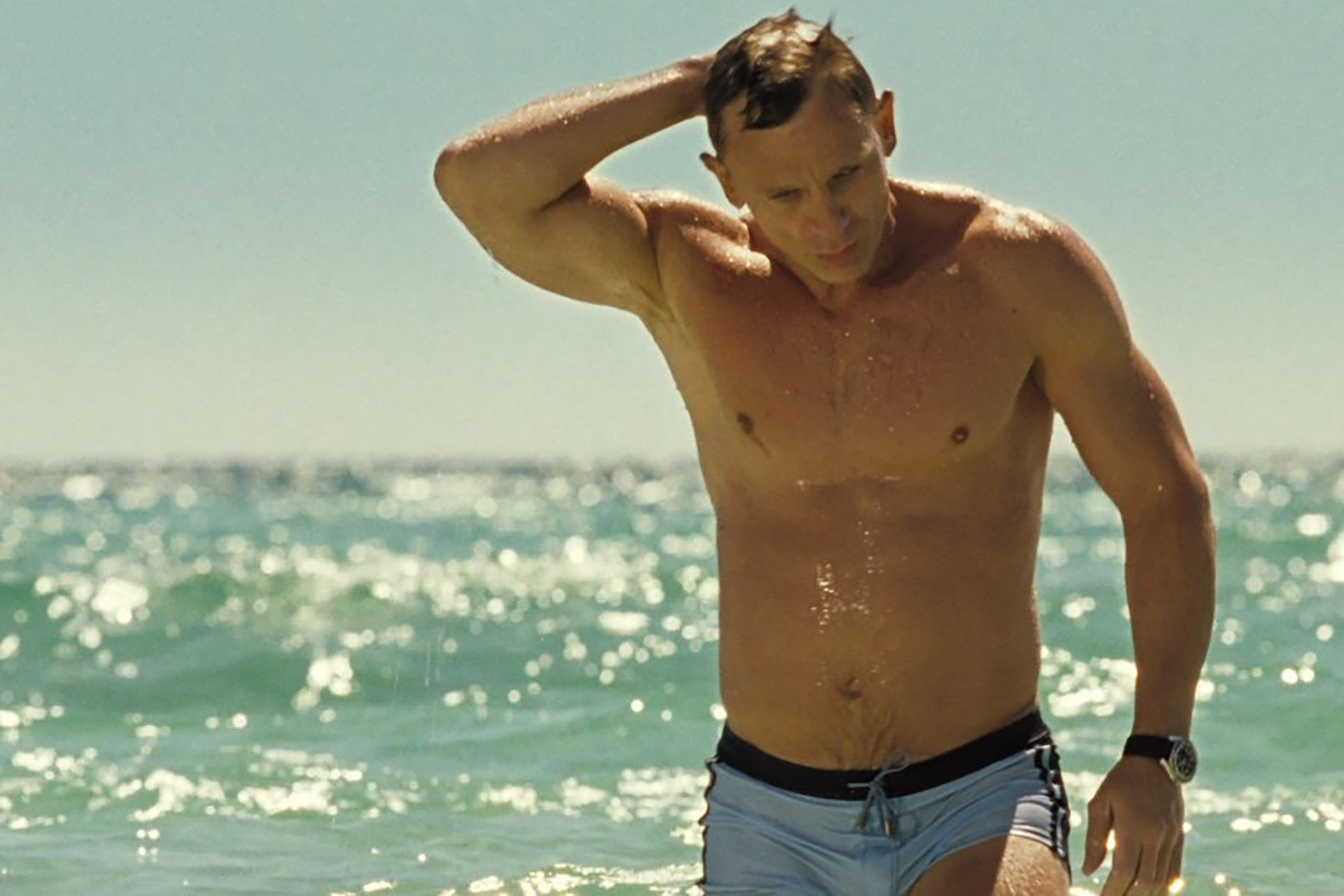 Daniel Craig wears a powder blue short-short bathing suit in Casino Royale.