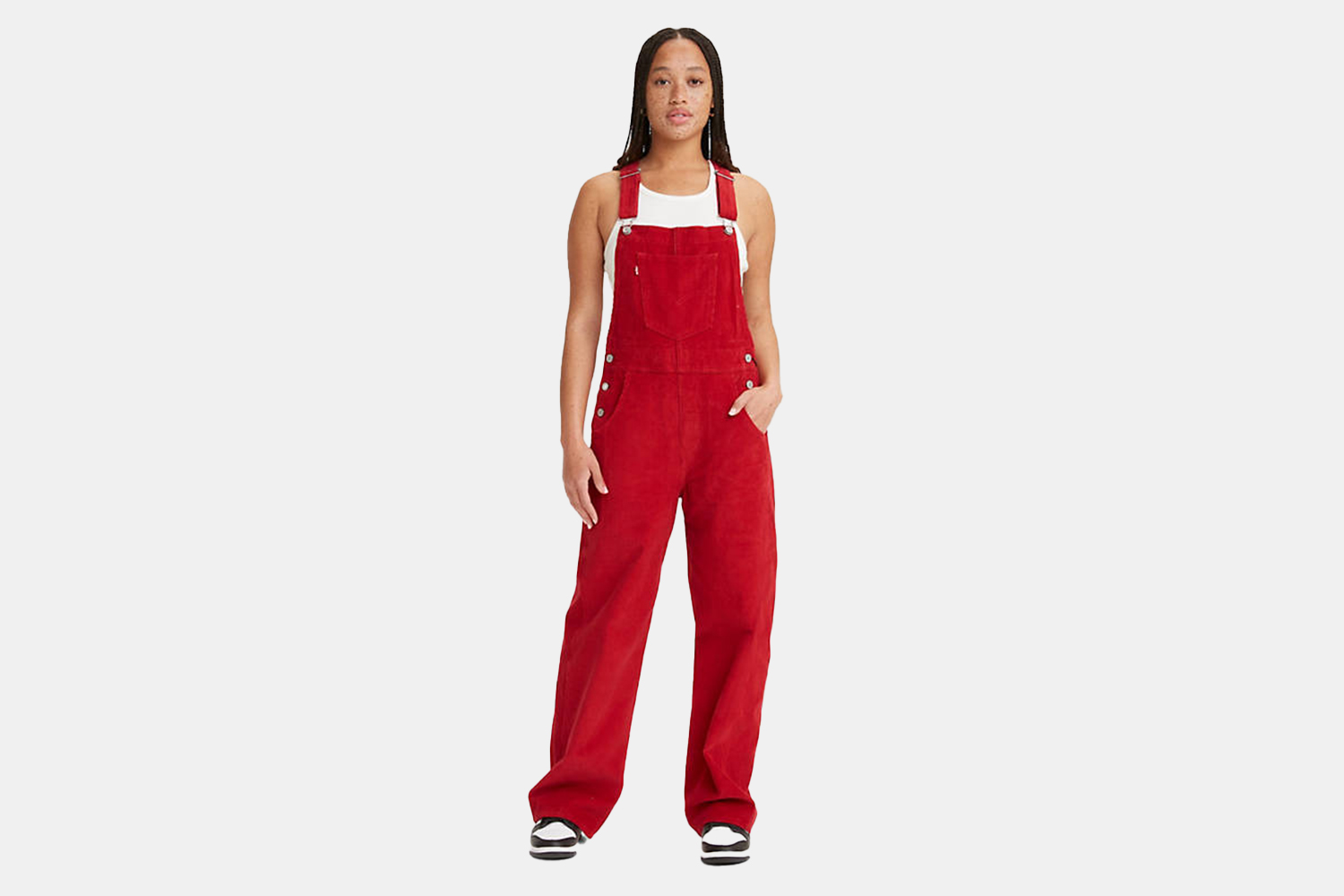 a pair of red overalls on a model