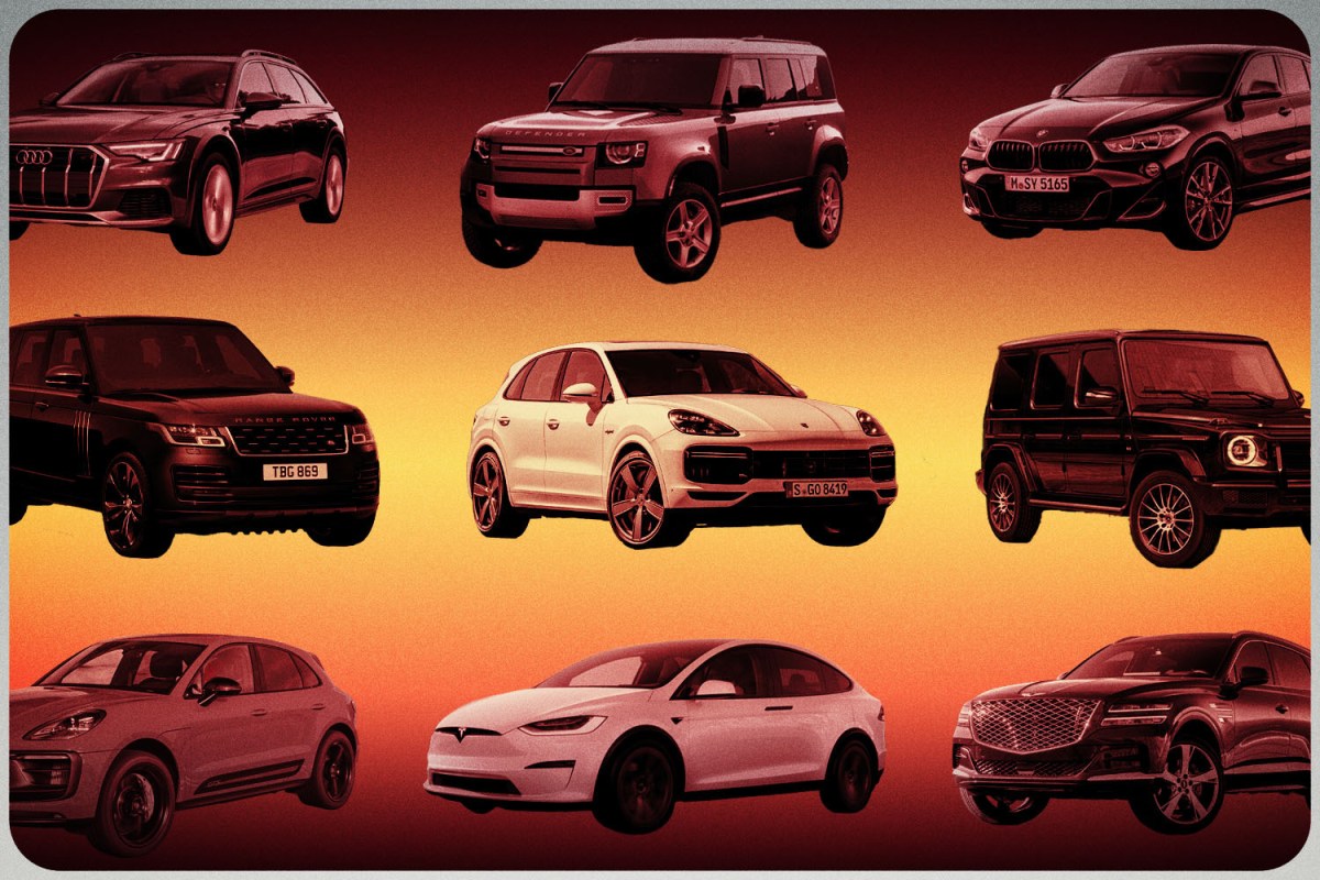 A grid of the best luxury SUVs of 2022, including the Land Rover Defender, Range Rover, Porsche Cayenne Hybrid, Mercedes-Benz G-Class, electric Tesla Model X and others