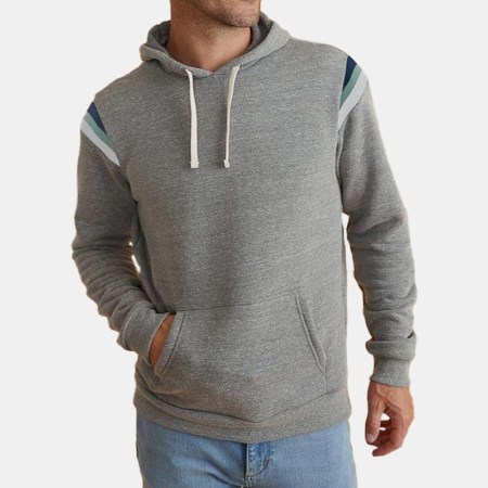 a grey hoodie on a model