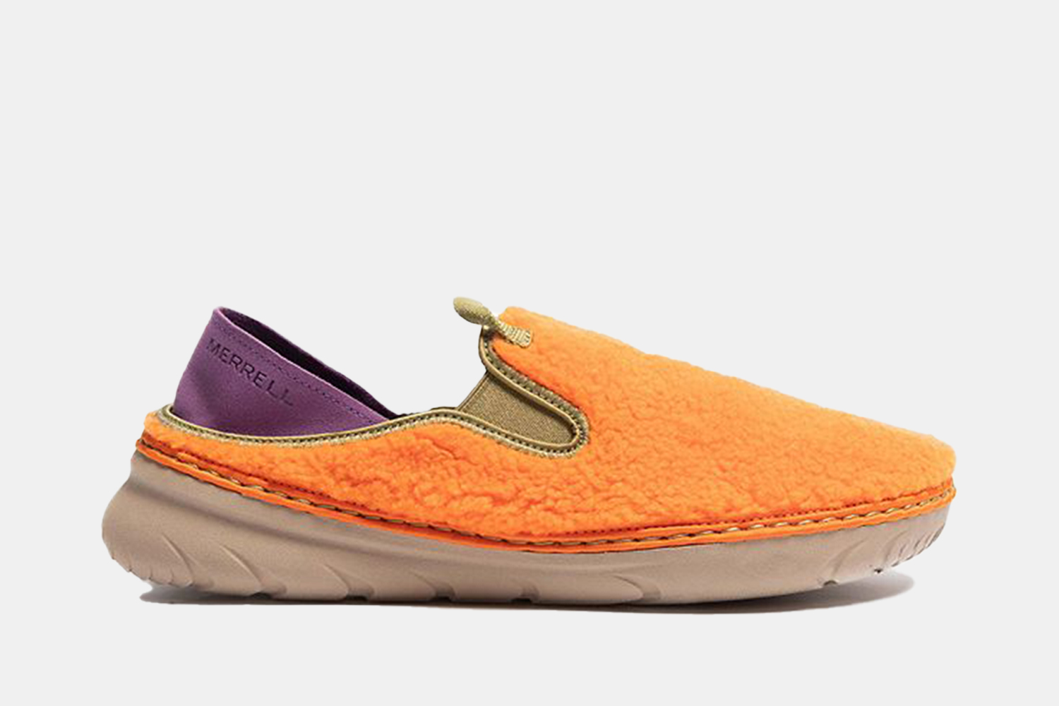a bright orange moc style fleecy slipper