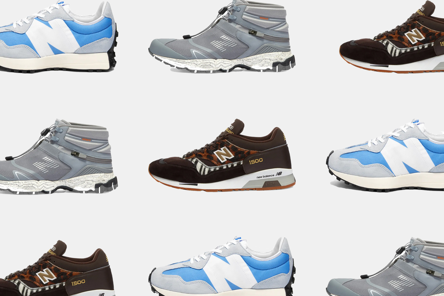 a collage of new balance sneakers