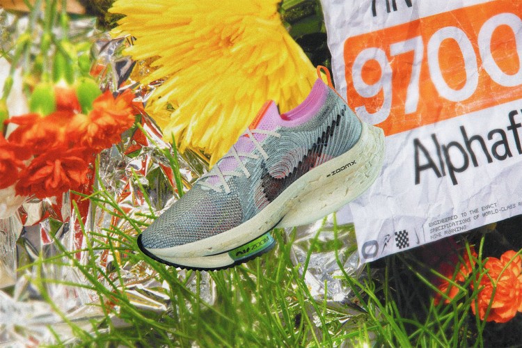 a collage of the nike alpha fly next% shoe on a flowery backdrop