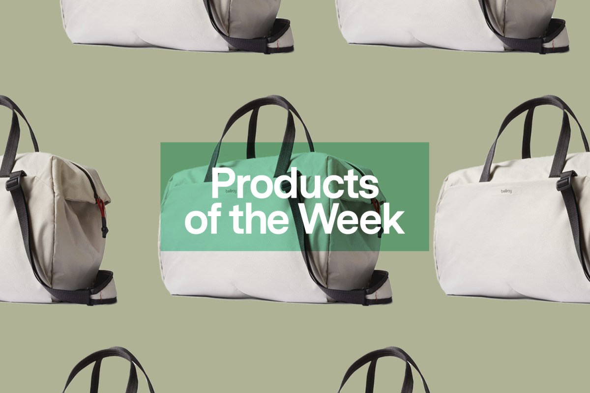A collage of bags from Bellroy's new Lite collection, on a green background, with overlaid text that reads "Products of the Week"