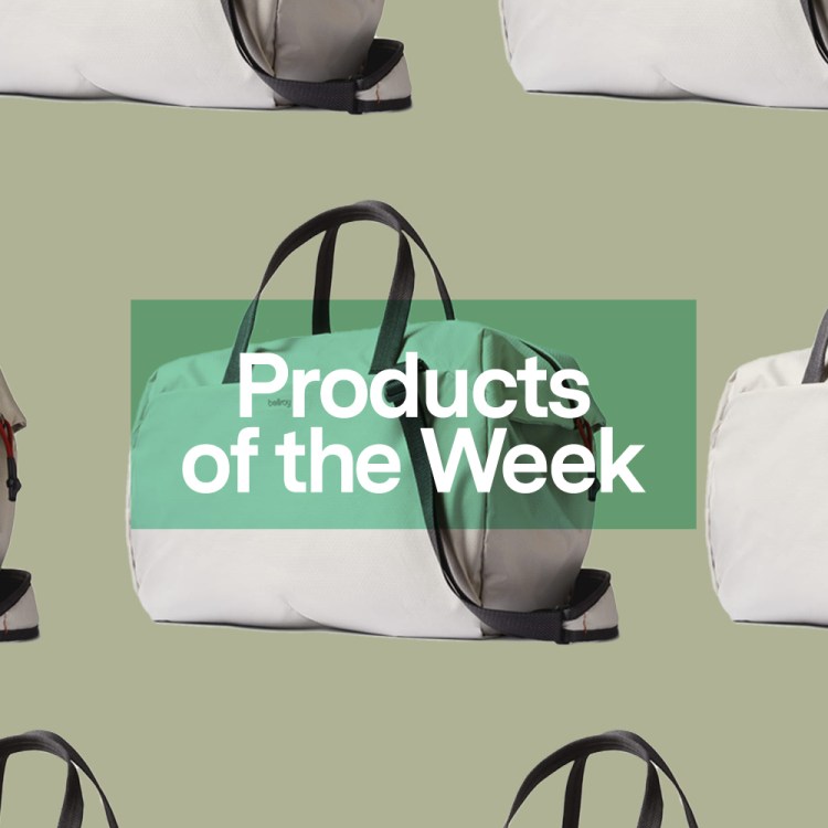A collage of bags from Bellroy's new Lite collection, on a green background, with overlaid text that reads "Products of the Week"