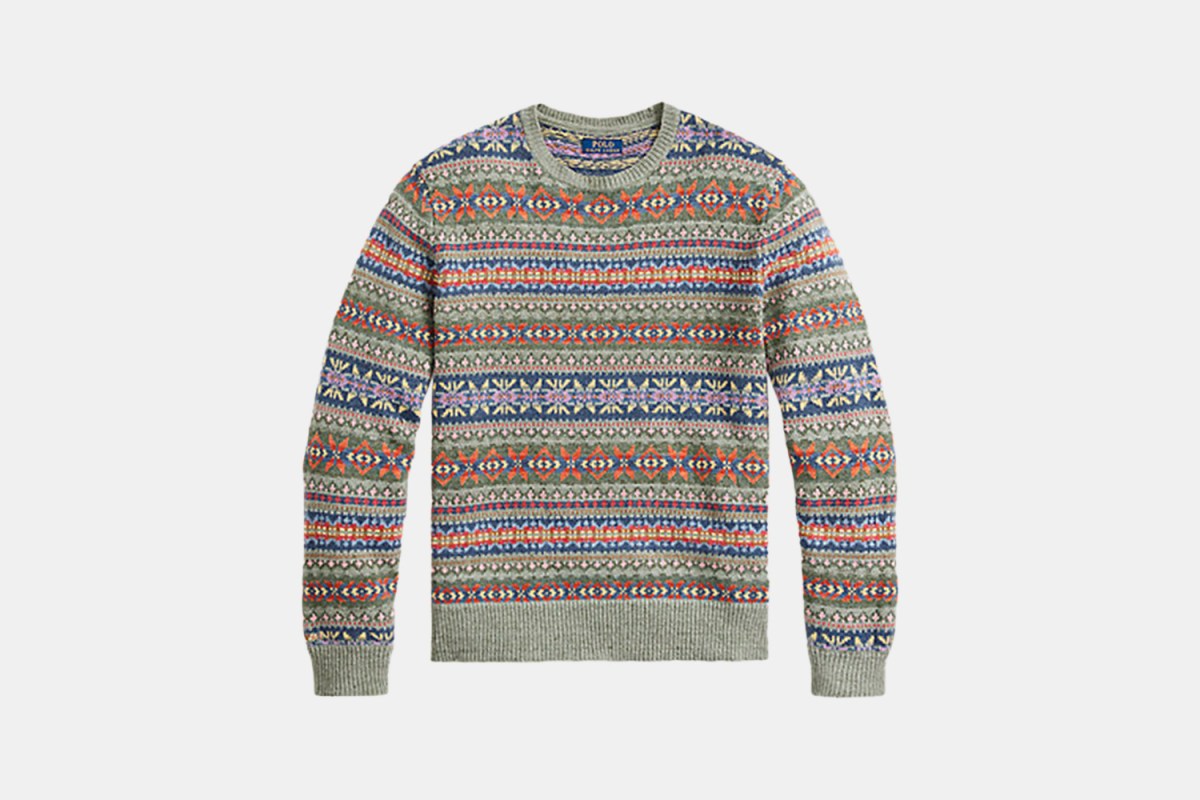 a multi-colored, knit sweater