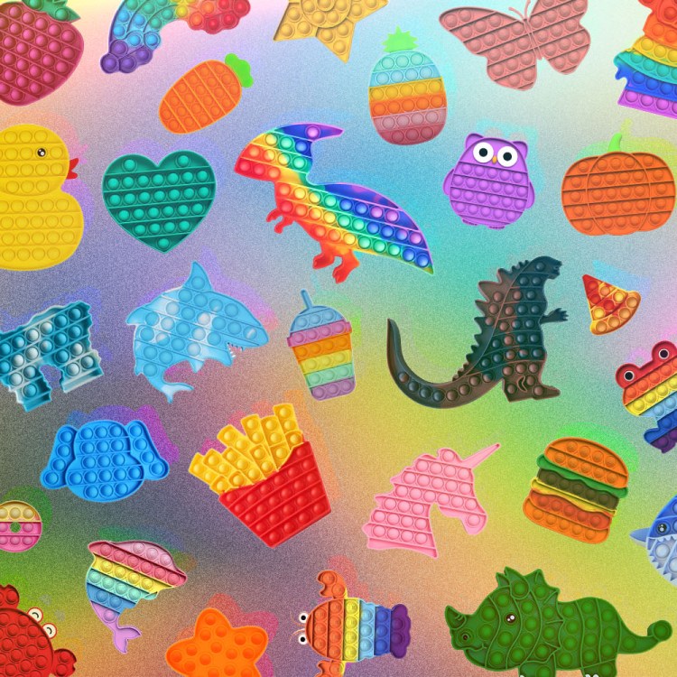 A huge collage of Pop It! fidget toys on a rainbow background.