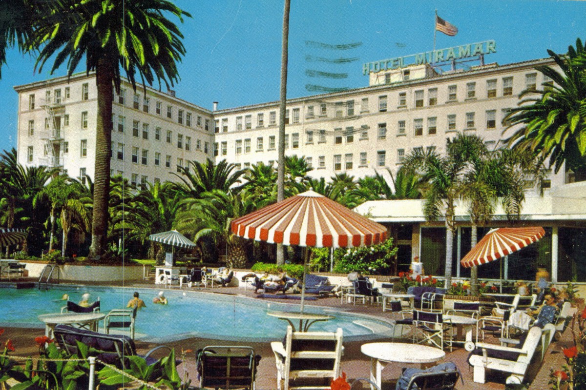 An old postcard from Hotel Miramar in Santa Monica, California.