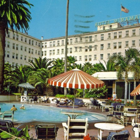 An old postcard from Hotel Miramar in Santa Monica, California.