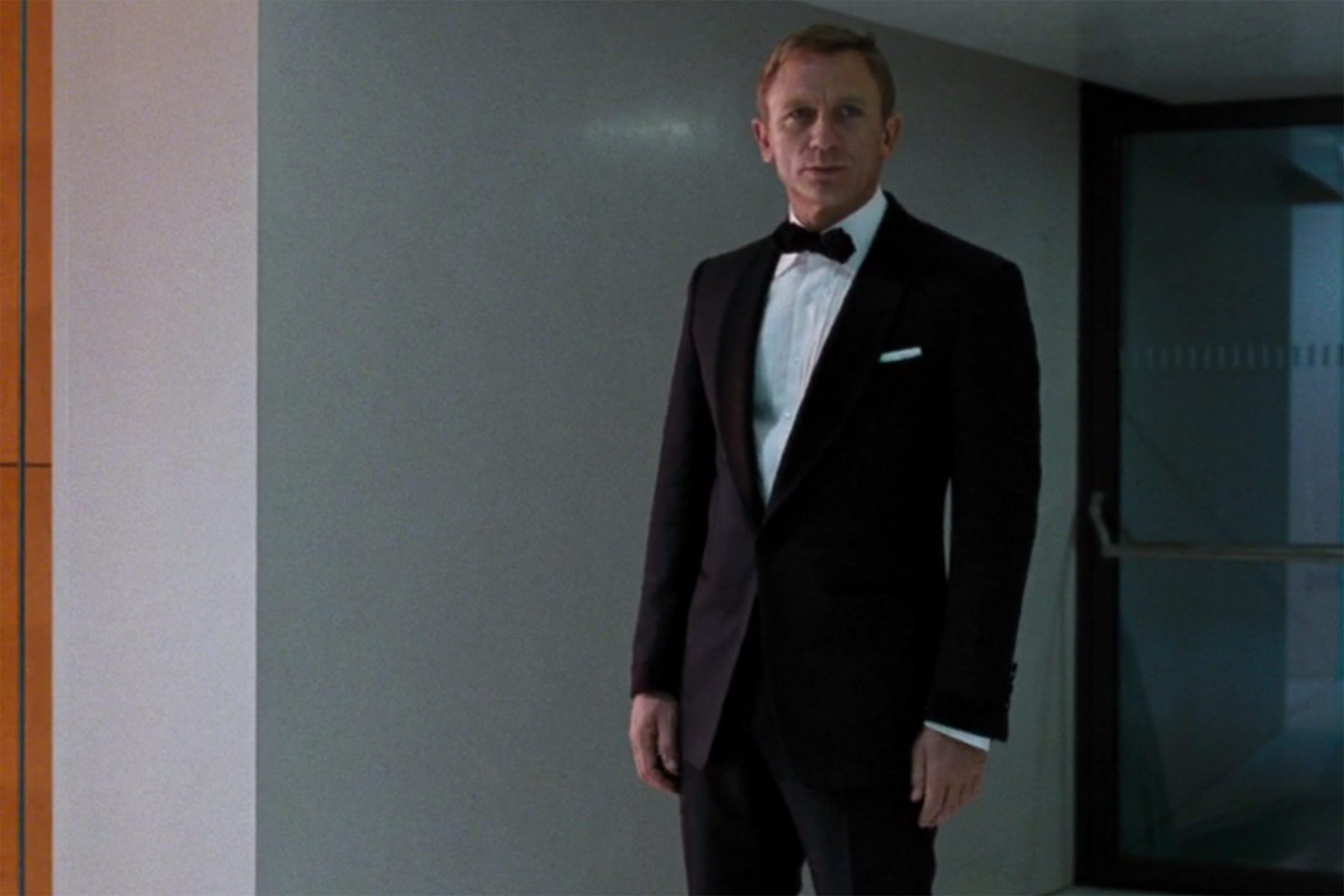 Daniel Craig in a tuxedo and classic black bowtie in Quantum of Solace.