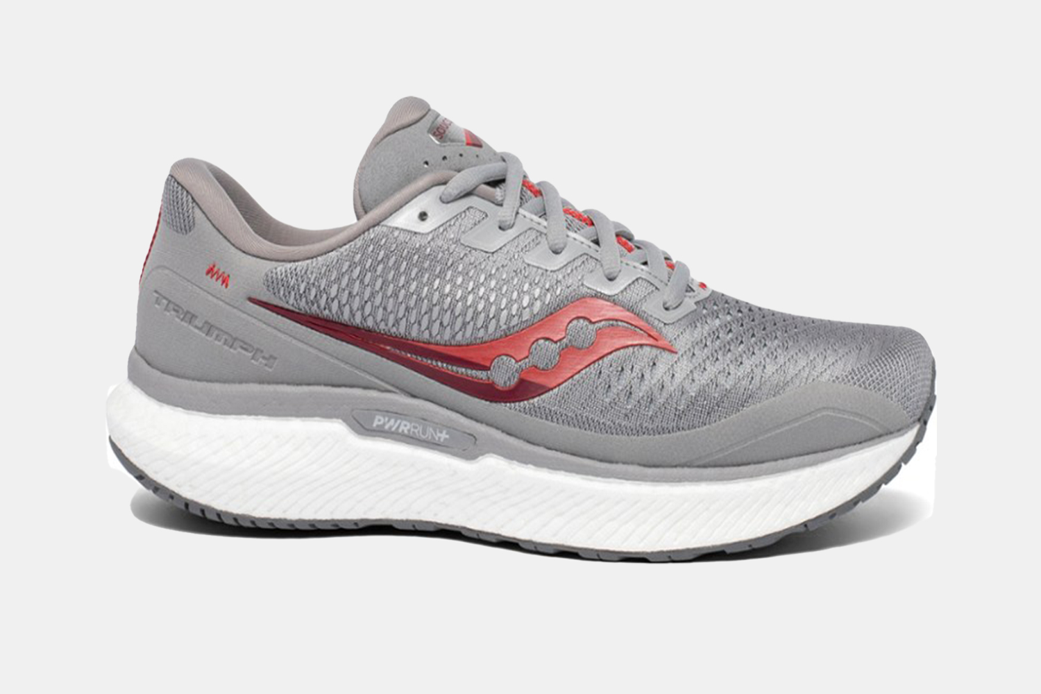 a pair of grey running shoes