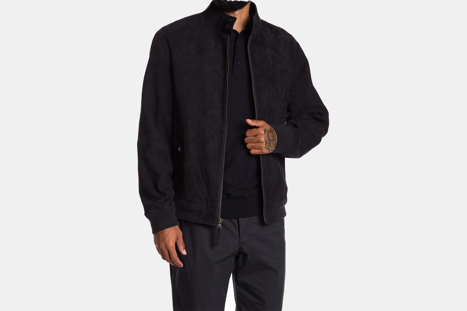 a dark suede jacket