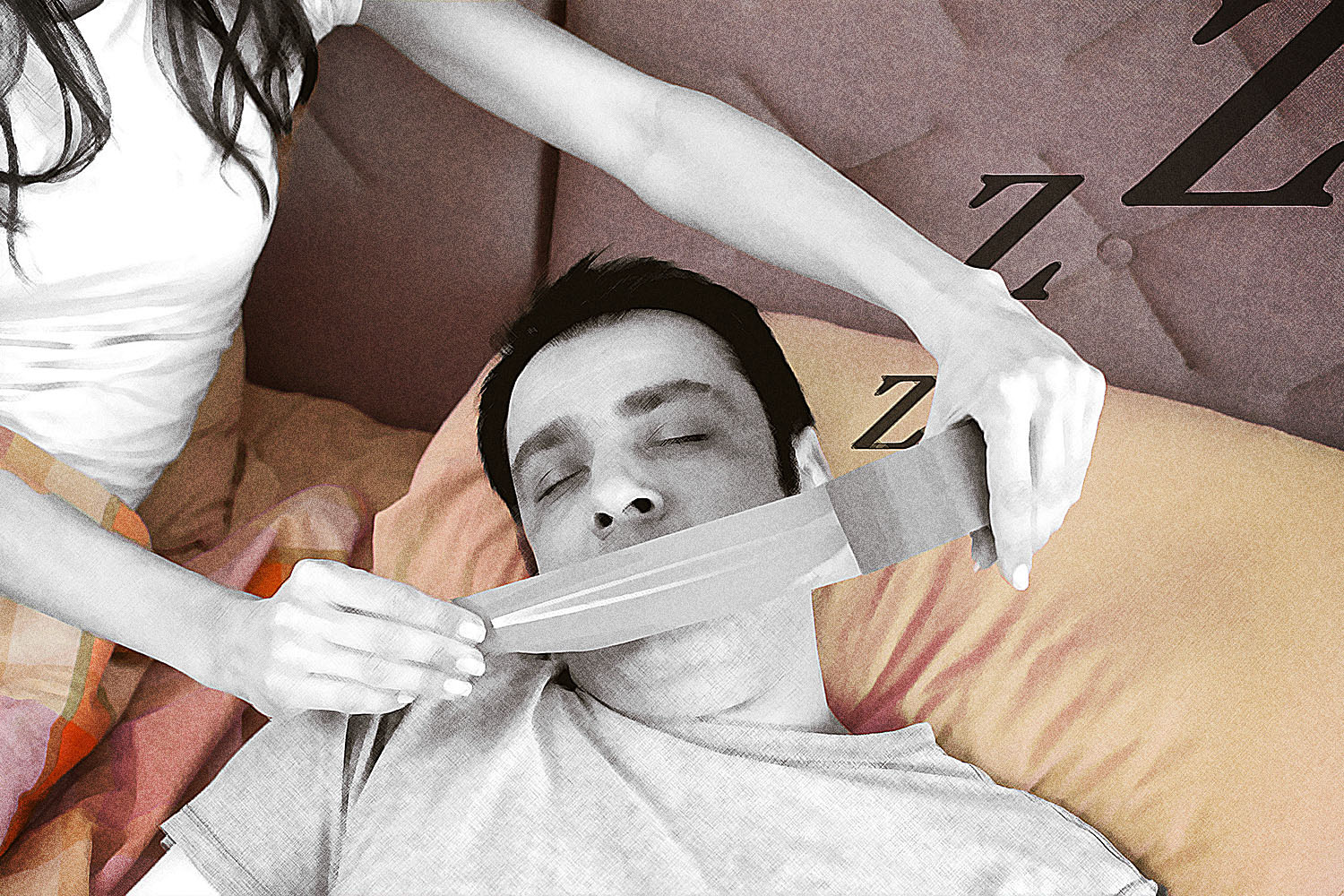 Image shows a sleeping man having duct tape applied across his mouth by a partner