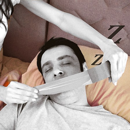Image shows a sleeping man having duct tape applied across his mouth by a partner