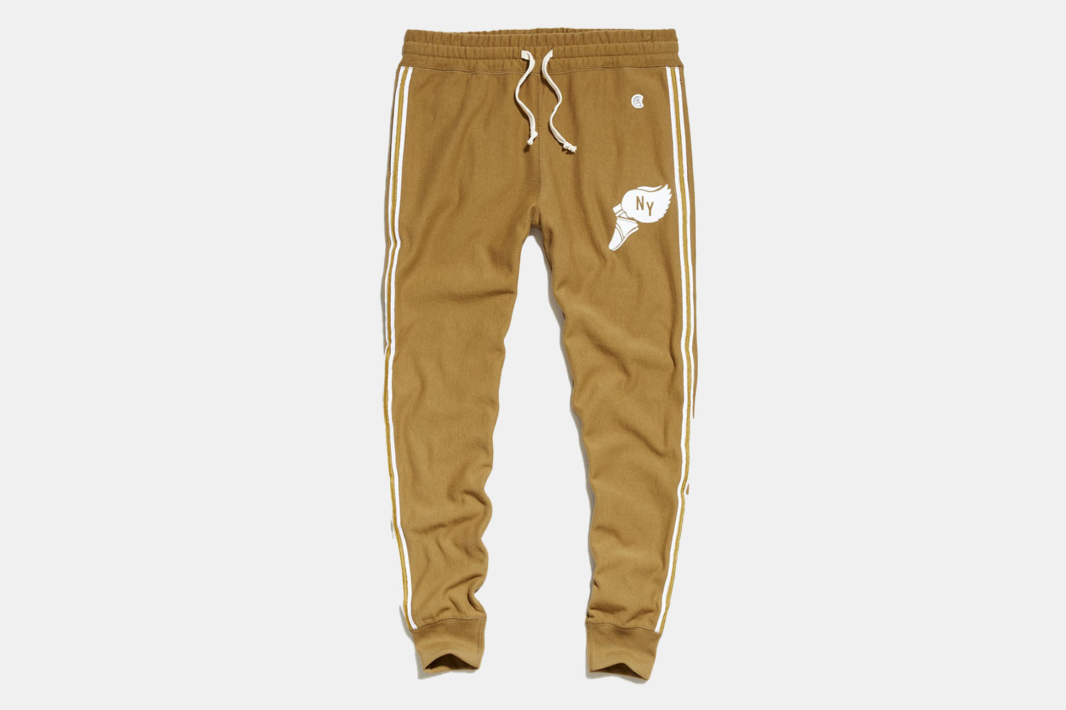 a pair of bilge-gold sweatpants 