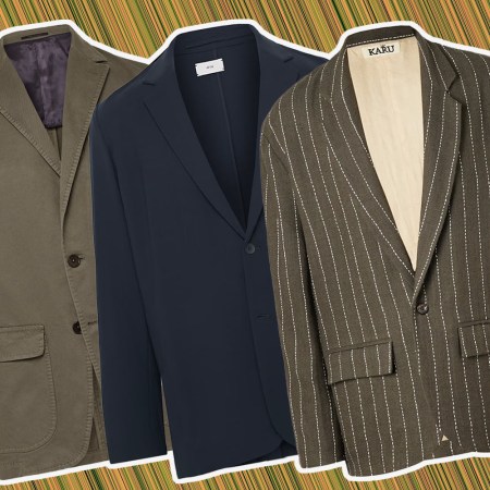 a collage of Unstructured blazers on a green-brown background