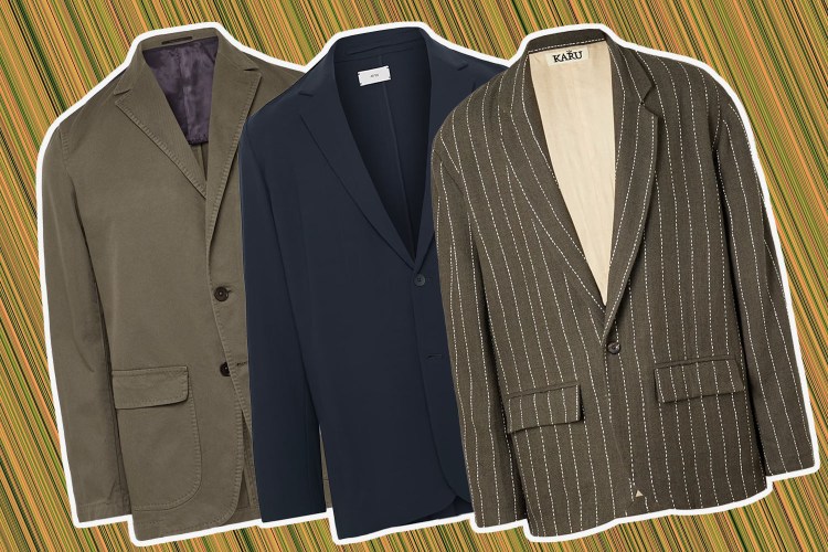 a collage of Unstructured blazers on a green-brown background