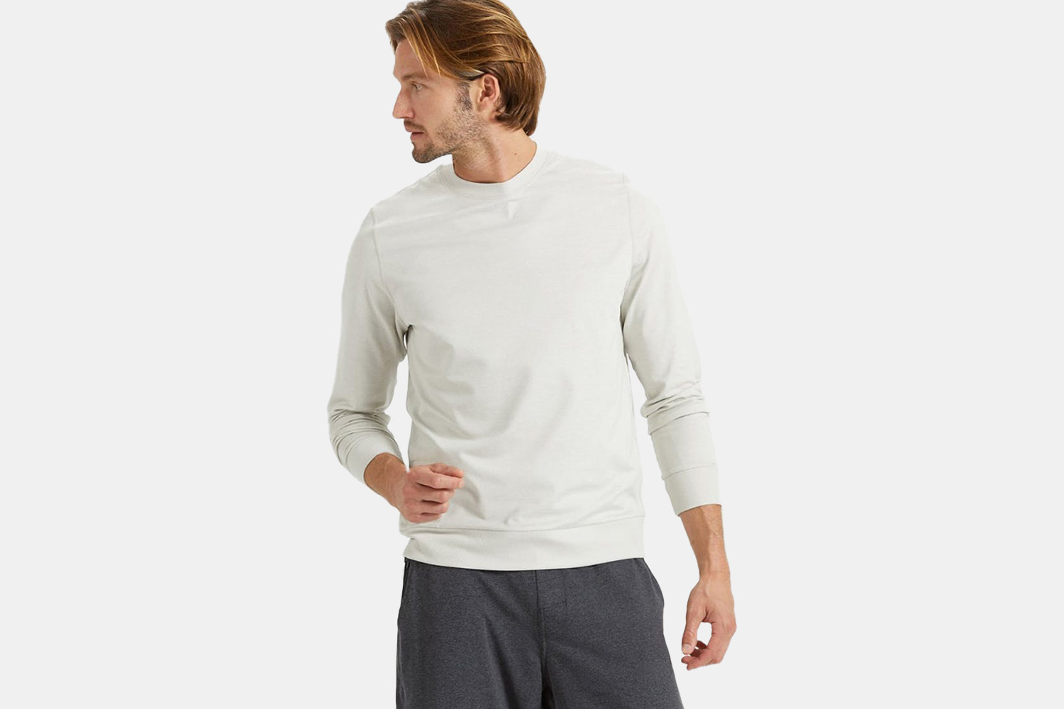 a lightweight grey sweater on a model
